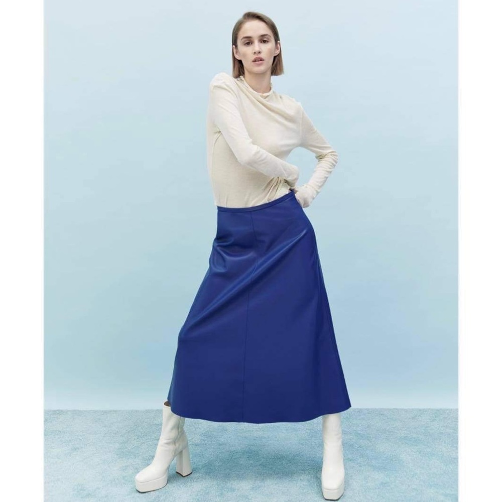 NWT Zara Woman Faux Leather Layered Blue Midi Skirt Size XL